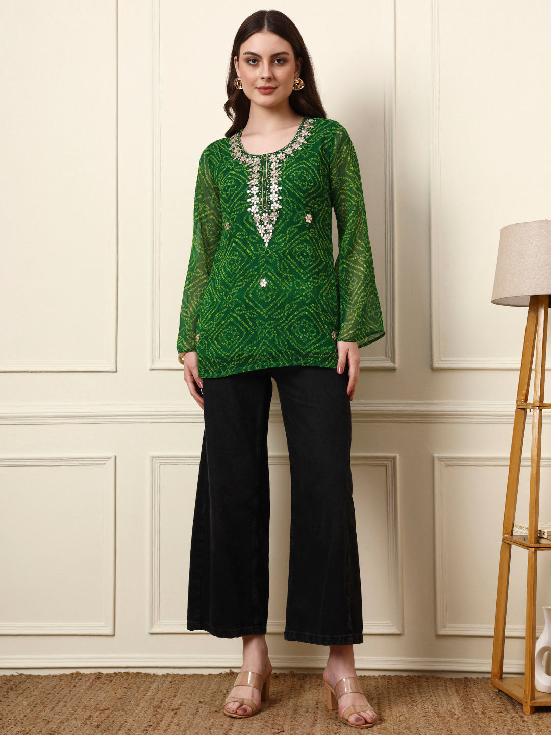 Divena Green Round Neck Georgette Bandhani Print Top