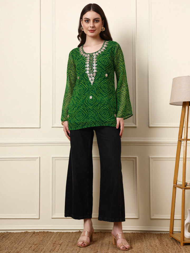 Divena Green Round Neck Georgette Bandhani Print Top