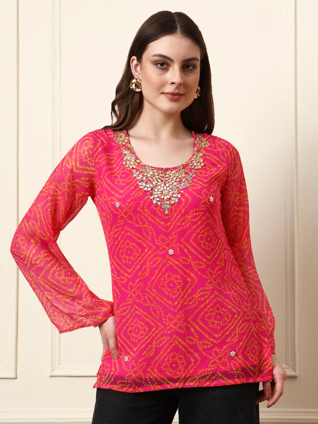 Divena Pink Round Neck Georgette Bandhani Print Top