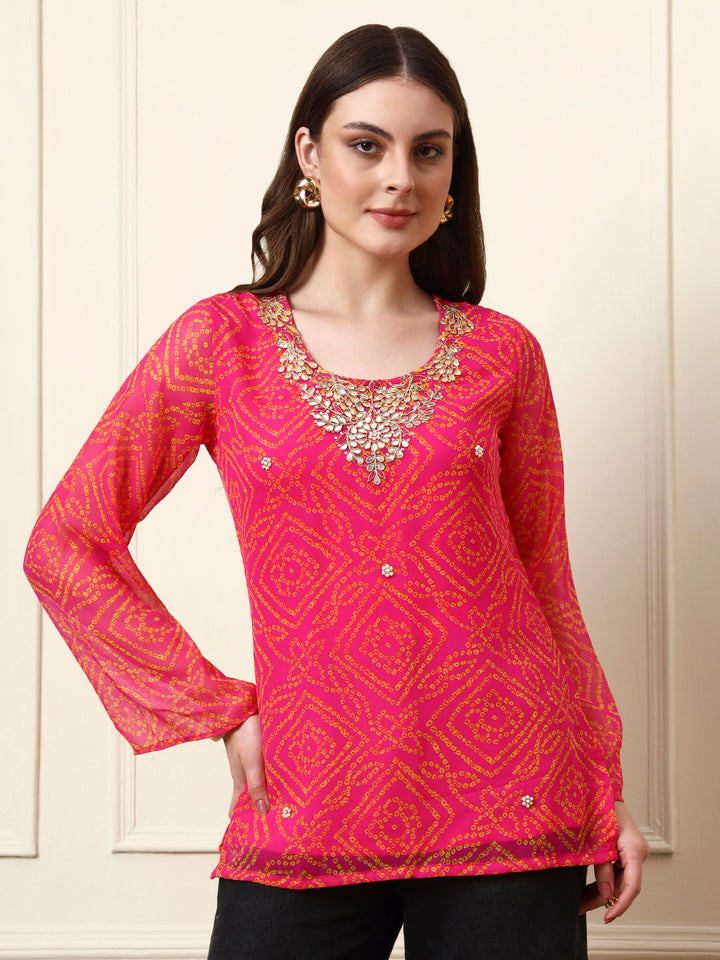 Divena Pink Round Neck Georgette Bandhani Print Top