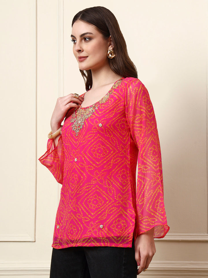 Divena Pink Round Neck Georgette Bandhani Print Top