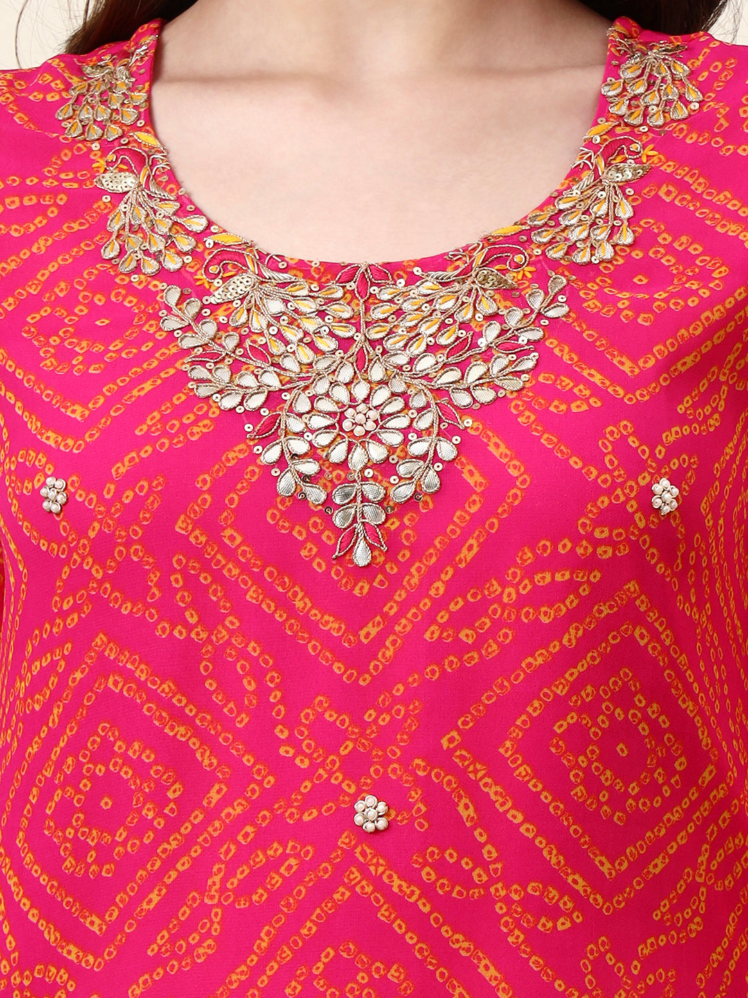 Divena Pink Round Neck Georgette Bandhani Print Top