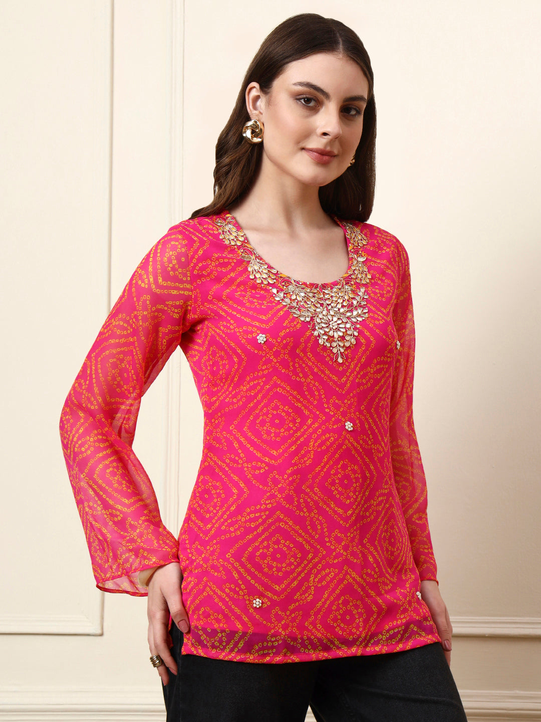 Divena Pink Round Neck Georgette Bandhani Print Top