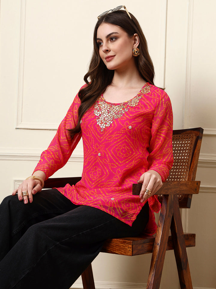 Divena Pink Round Neck Georgette Bandhani Print Top