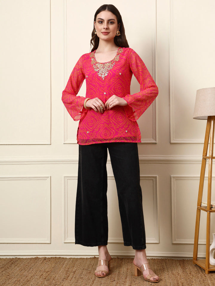 Divena Pink Round Neck Georgette Bandhani Print Top