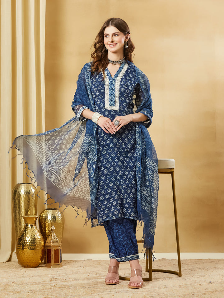 Divena Blue Floral Kota Doria Hand Block Kurta Pant Set With Dupatta