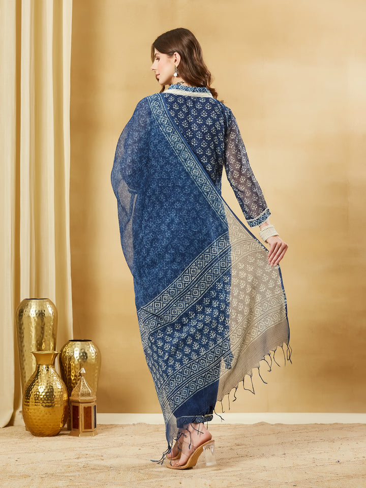 Divena Blue Floral Kota Doria Hand Block Kurta Pant Set With Dupatta