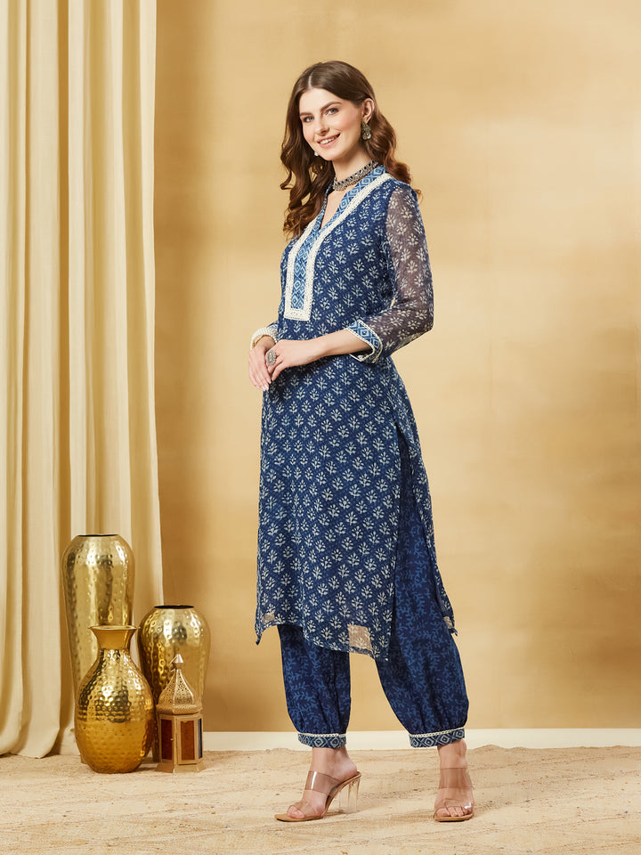 Divena Blue Floral Kota Doria Hand Block Kurta Pant Set With Dupatta