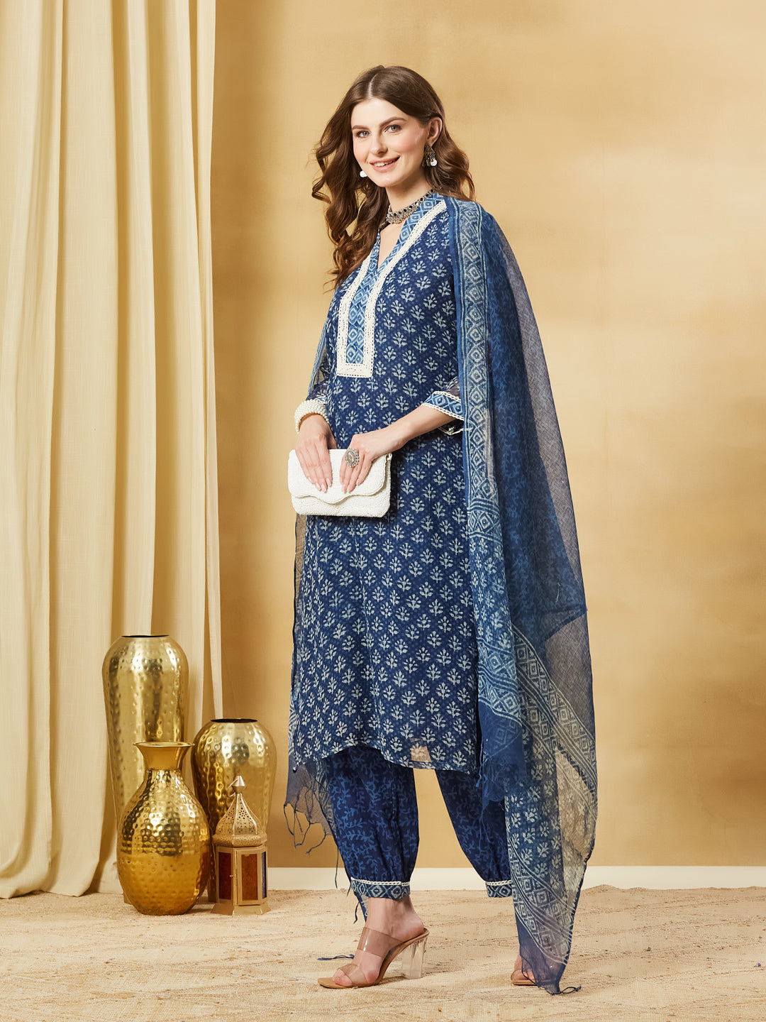 Divena Blue Floral Kota Doria Hand Block Kurta Pant Set With Dupatta