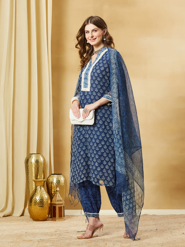 Divena Blue Floral Kota Doria Hand Block Kurta Pant Set With Dupatta