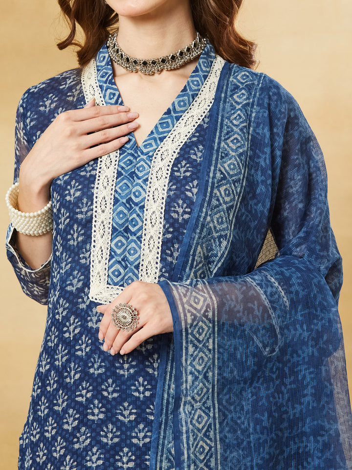 Divena Blue Floral Kota Doria Hand Block Kurta Pant Set With Dupatta