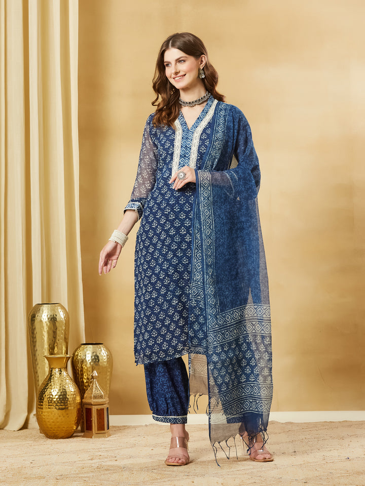 Divena Blue Floral Kota Doria Hand Block Kurta Pant Set With Dupatta