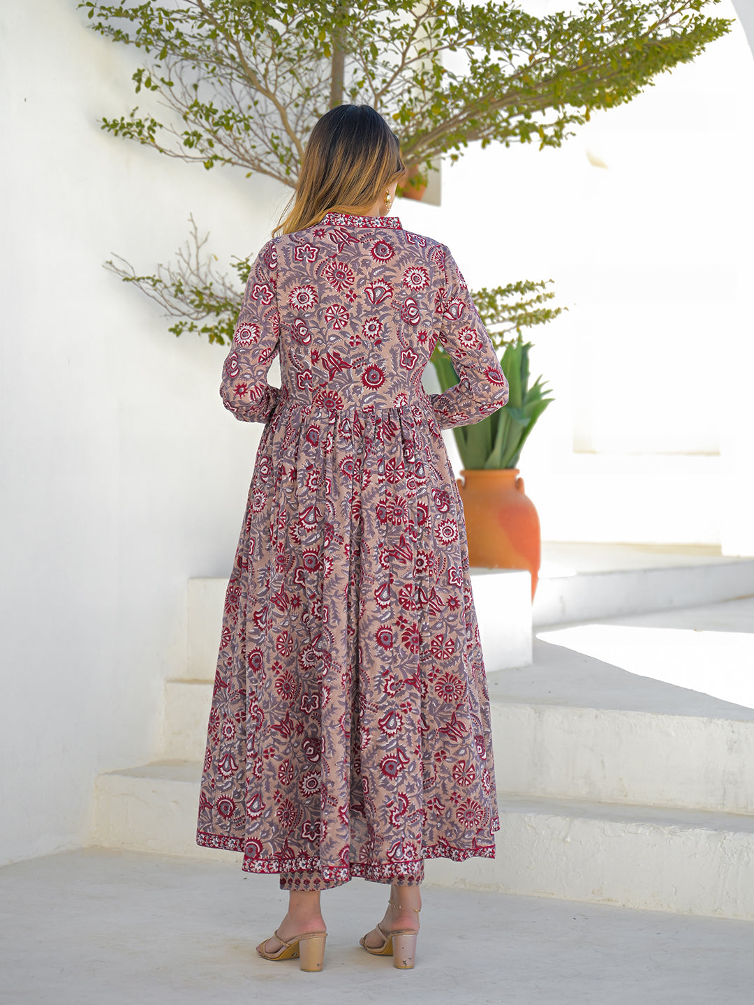 Divena Maroon Hand Block Cotton Anarkali Kurta Pant Set With Dupatta