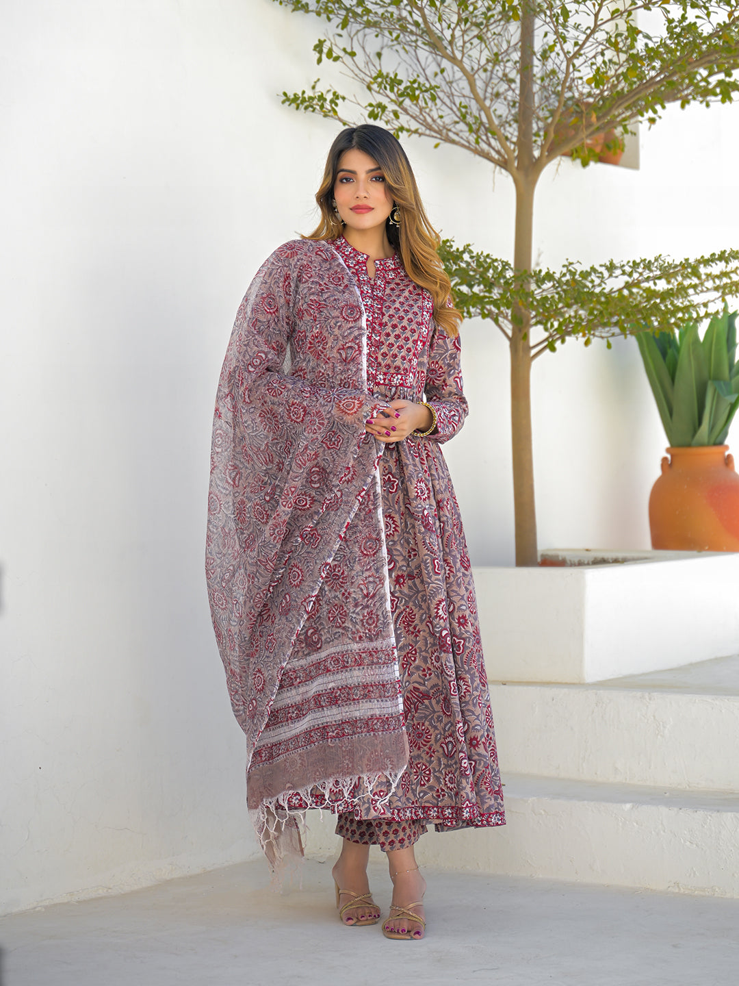 Divena Maroon Hand Block Cotton Anarkali Kurta Pant Set With Dupatta