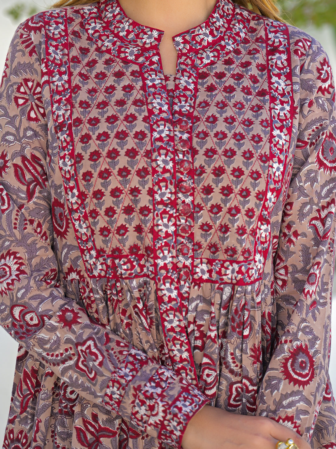 Divena Maroon Hand Block Cotton Anarkali Kurta Pant Set With Dupatta