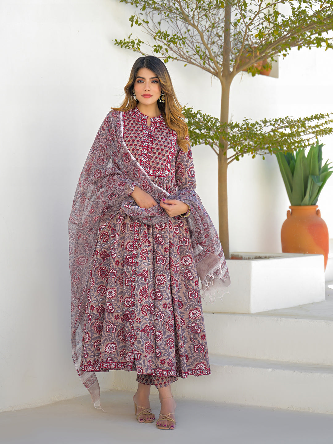 Divena Maroon Hand Block Cotton Anarkali Kurta Pant Set With Dupatta