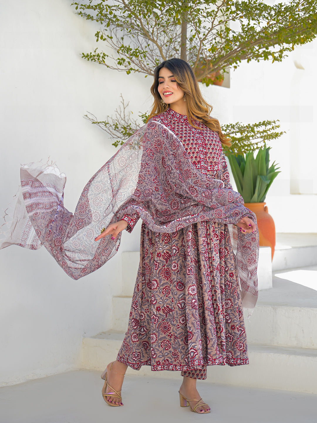 Divena Maroon Hand Block Cotton Anarkali Kurta Pant Set With Dupatta