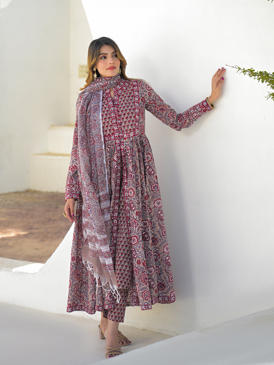 Divena Maroon Hand Block Cotton Anarkali Kurta Pant Set With Dupatta