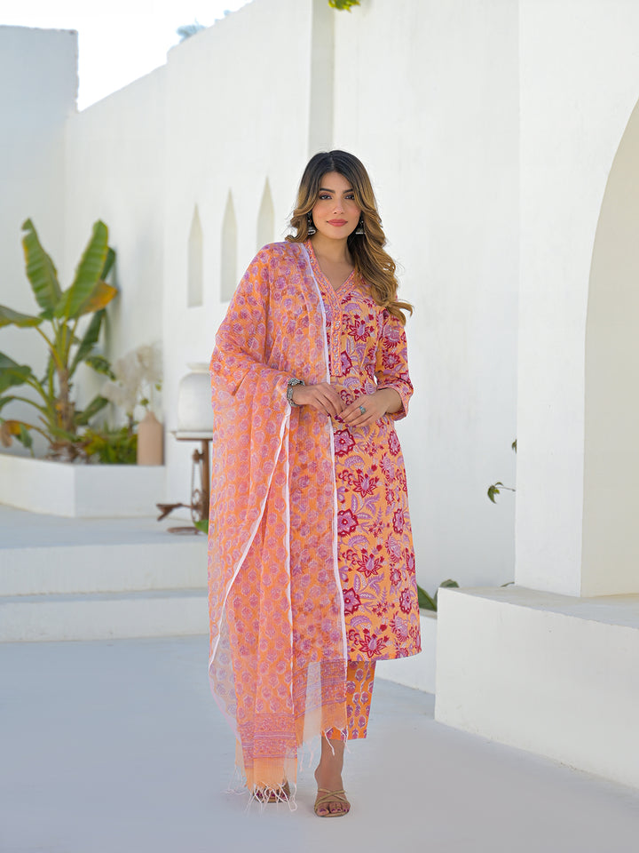 Divena Orange Floral Cotton Hand Block Kurta Sets With Dupatta