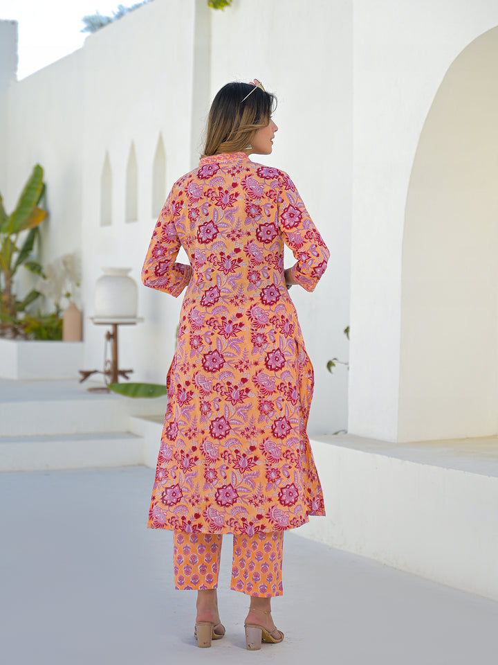 Divena Orange Floral Cotton Hand Block Kurta Sets With Dupatta