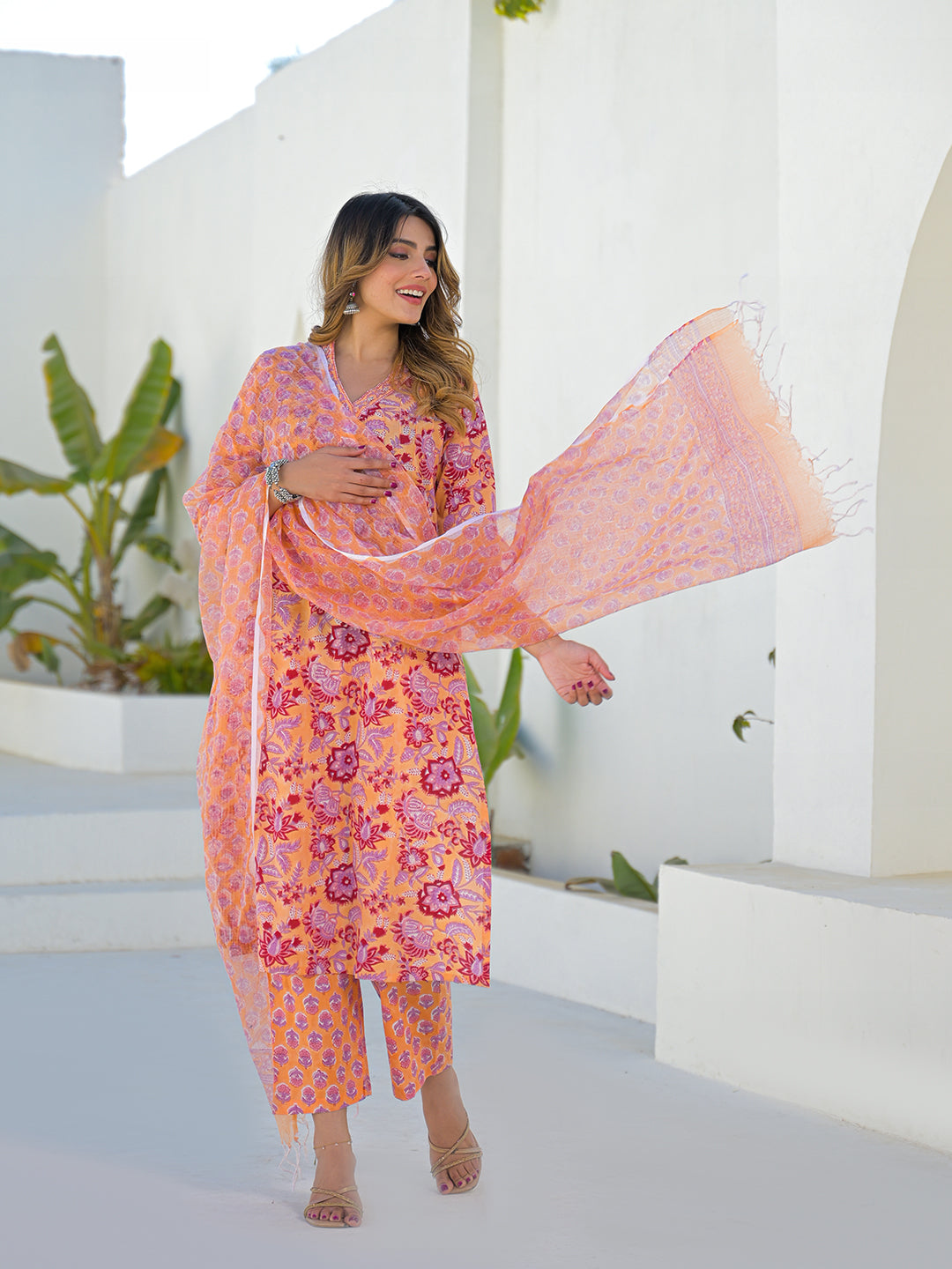 Divena Orange Floral Cotton Hand Block Kurta Sets With Dupatta