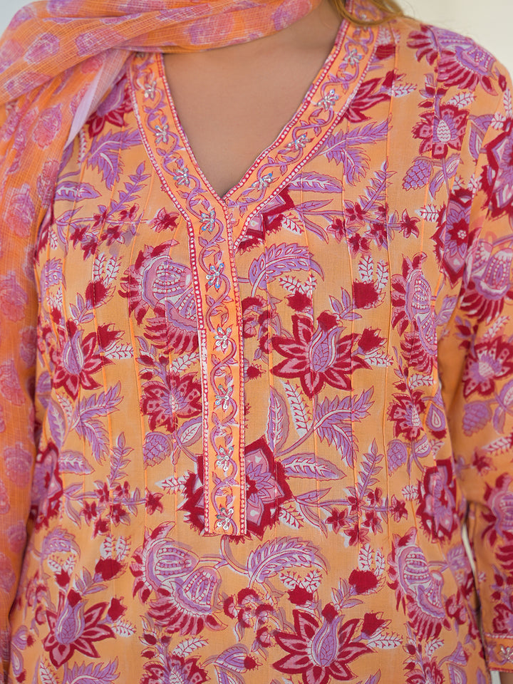 Divena Orange Floral Cotton Hand Block Kurta Sets With Dupatta