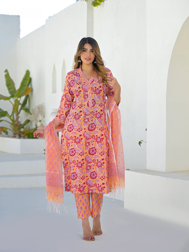 Divena Orange Floral Cotton Hand Block Kurta Sets With Dupatta