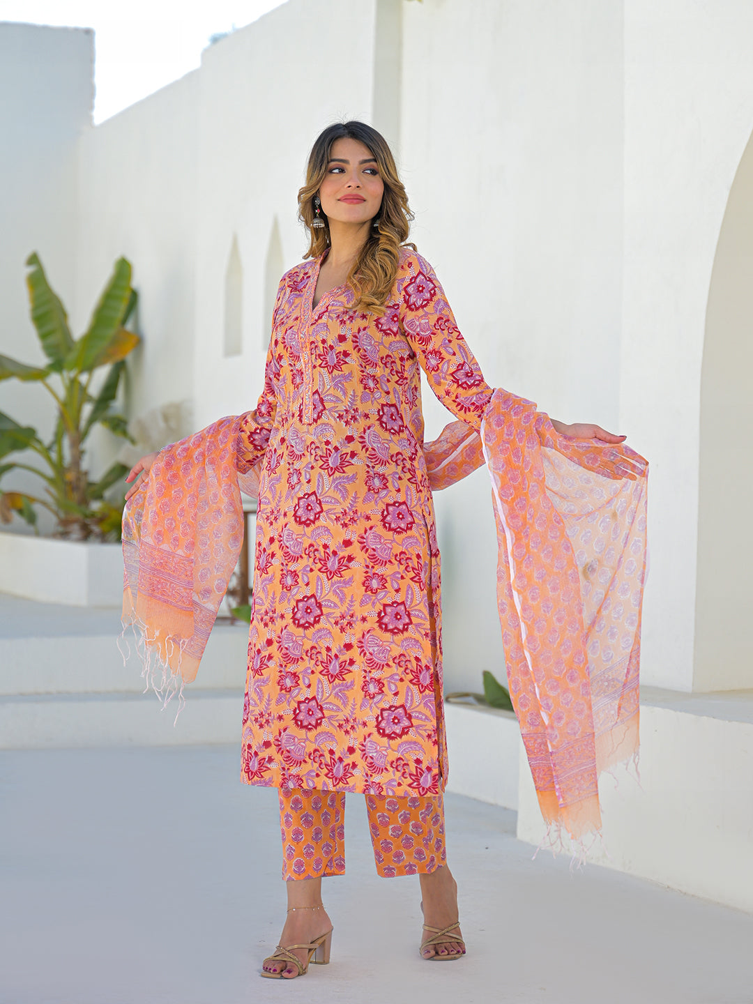Divena Orange Floral Cotton Hand Block Kurta Sets With Dupatta