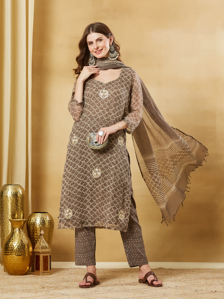 Divena Brown Kota Doria Round Neck Hand Block Kurta Set with Dupatta