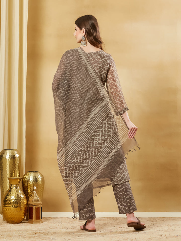 Divena Brown Kota Doria Round Neck Hand Block Kurta Set with Dupatta