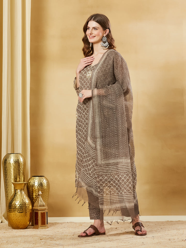 Divena Brown Kota Doria Round Neck Hand Block Kurta Set with Dupatta