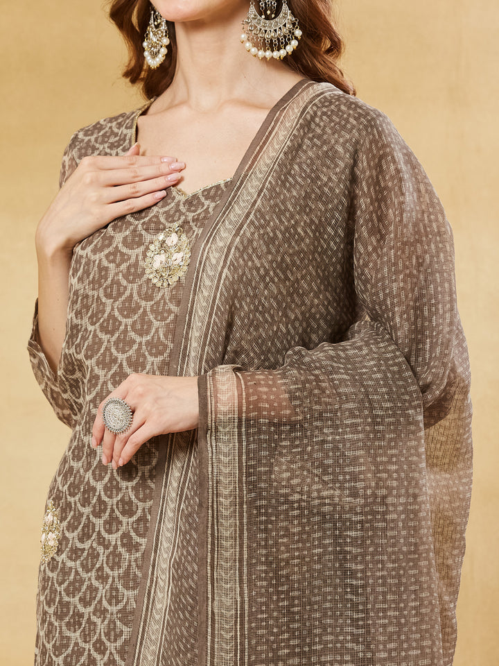 Divena Brown Kota Doria Round Neck Hand Block Kurta Set with Dupatta