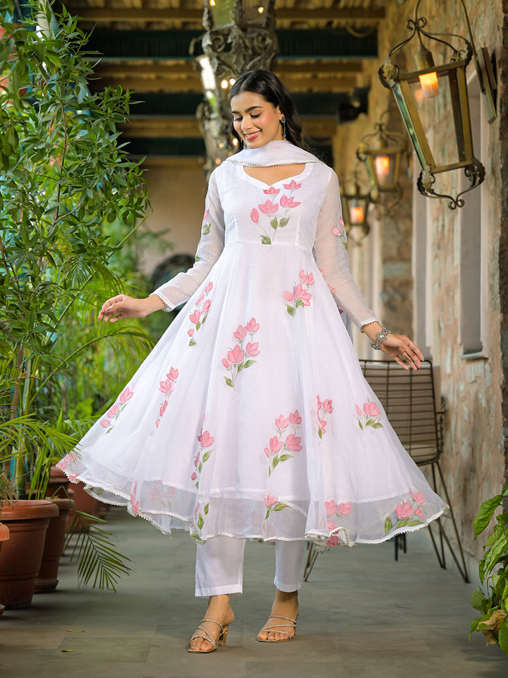 Divena White Hand Painted Kota Doria Anarkali Kurta Sets With Dupatta