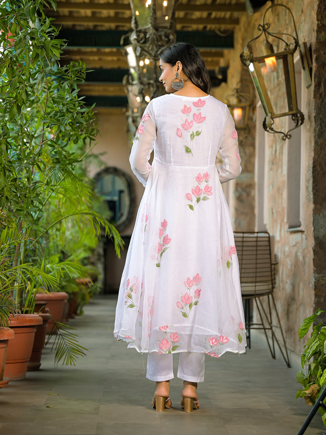 Divena White Hand Painted Kota Doria Anarkali Kurta Sets With Dupatta