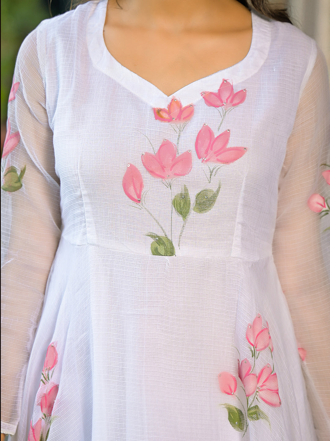 Divena White Hand Painted Kota Doria Anarkali Kurta Sets With Dupatta