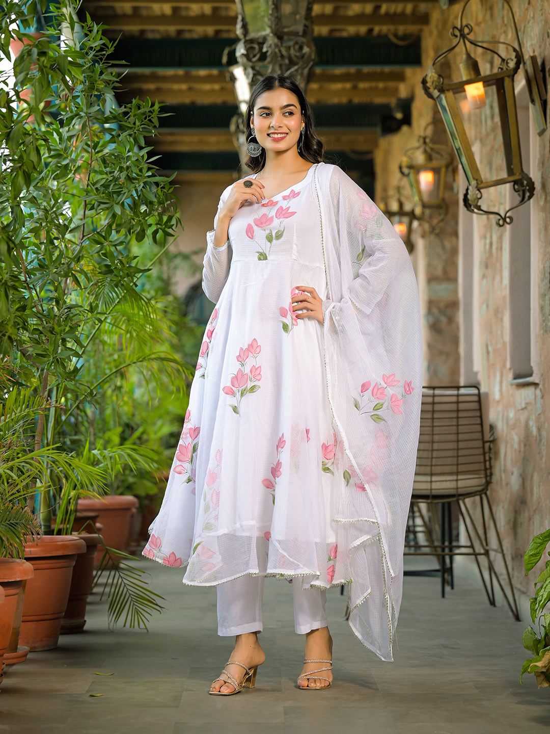 Divena White Hand Painted Kota Doria Anarkali Kurta Sets With Dupatta