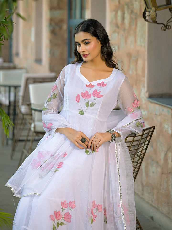 Divena White Hand Painted Kota Doria Anarkali Kurta Sets With Dupatta