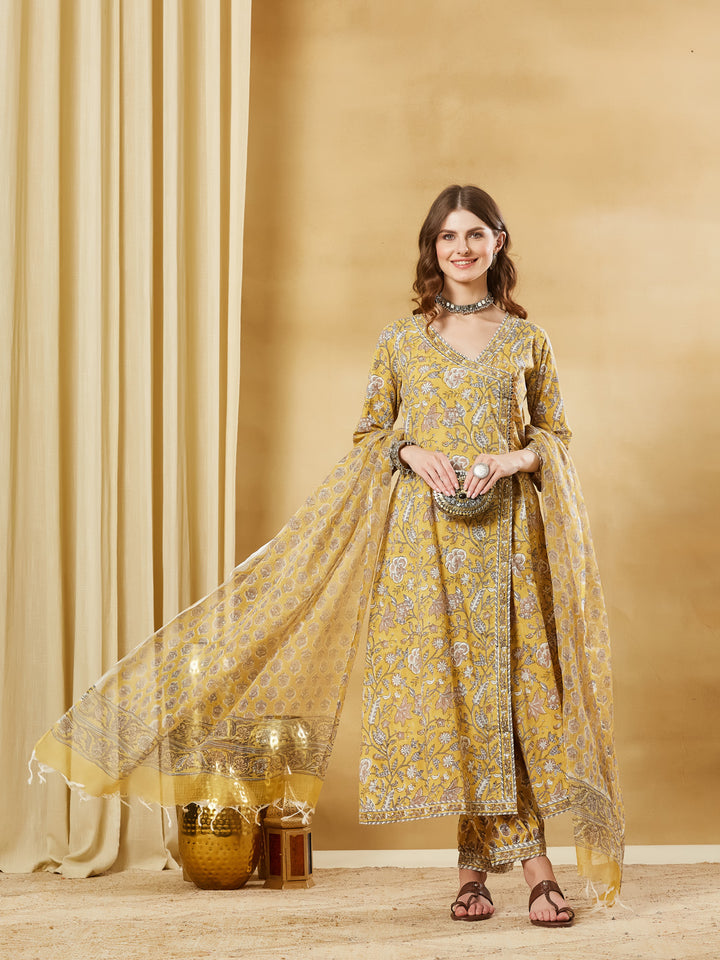 Divena Hand block Pure Cotton Mustard Yellow Anarkali Kurta with Pants & Dupatta