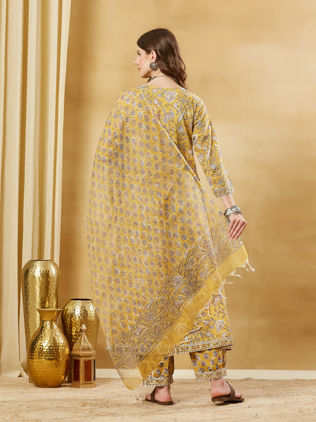 Divena Hand block Pure Cotton Mustard Yellow Anarkali Kurta with Pants & Dupatta