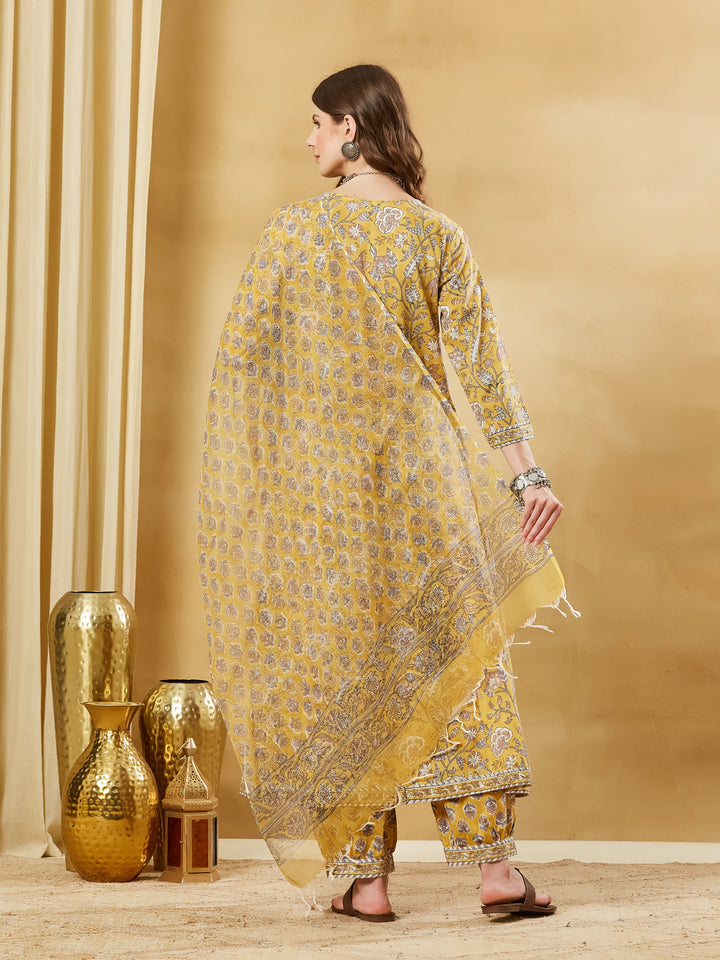 Divena Hand block Pure Cotton Mustard Yellow Anarkali Kurta with Pants & Dupatta