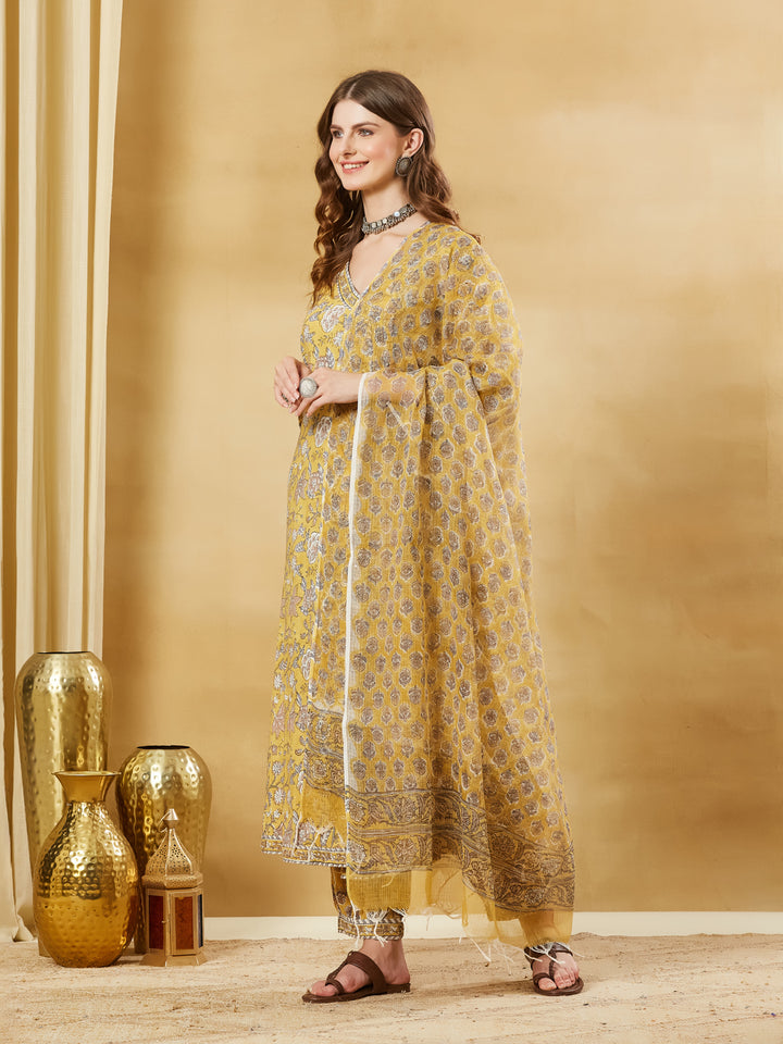 Divena Hand block Pure Cotton Mustard Yellow Anarkali Kurta with Pants & Dupatta