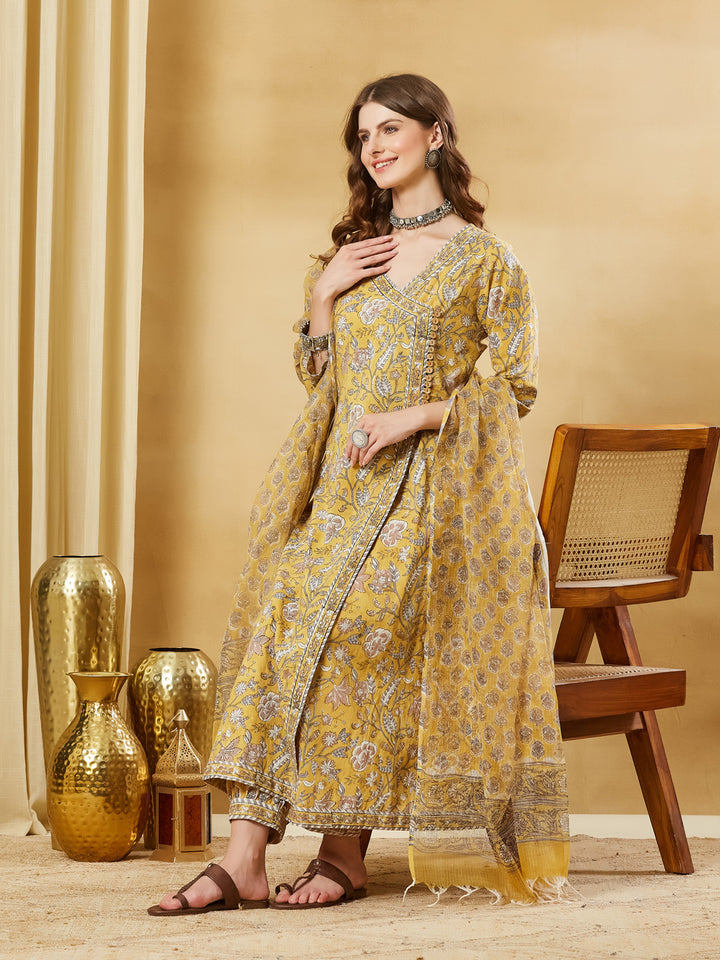 Divena Hand block Pure Cotton Mustard Yellow Anarkali Kurta with Pants & Dupatta