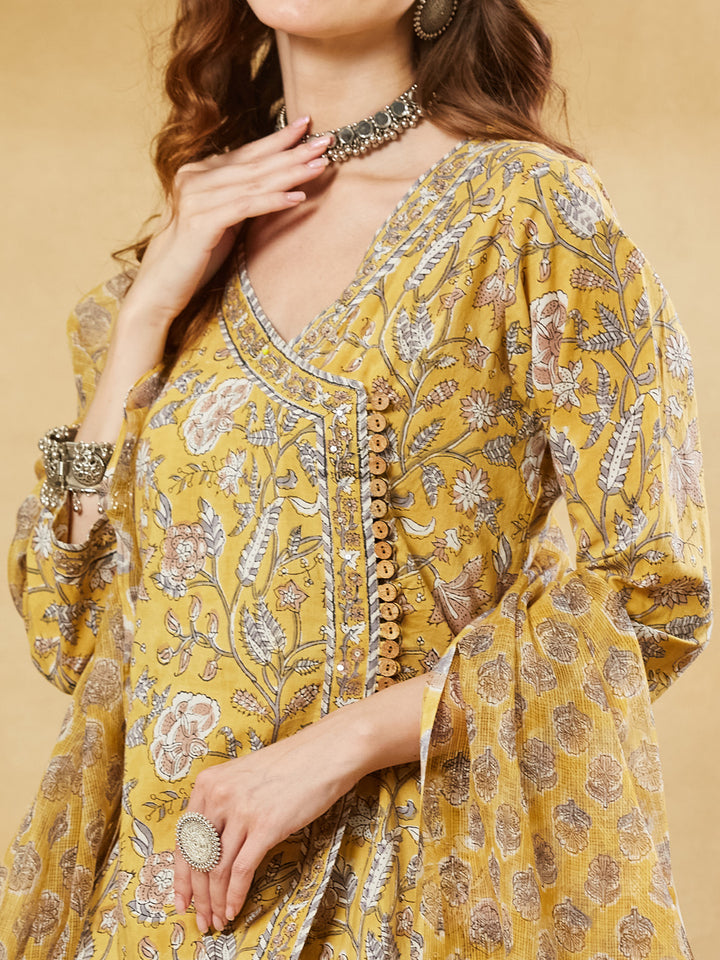 Divena Hand block Pure Cotton Mustard Yellow Anarkali Kurta with Pants & Dupatta