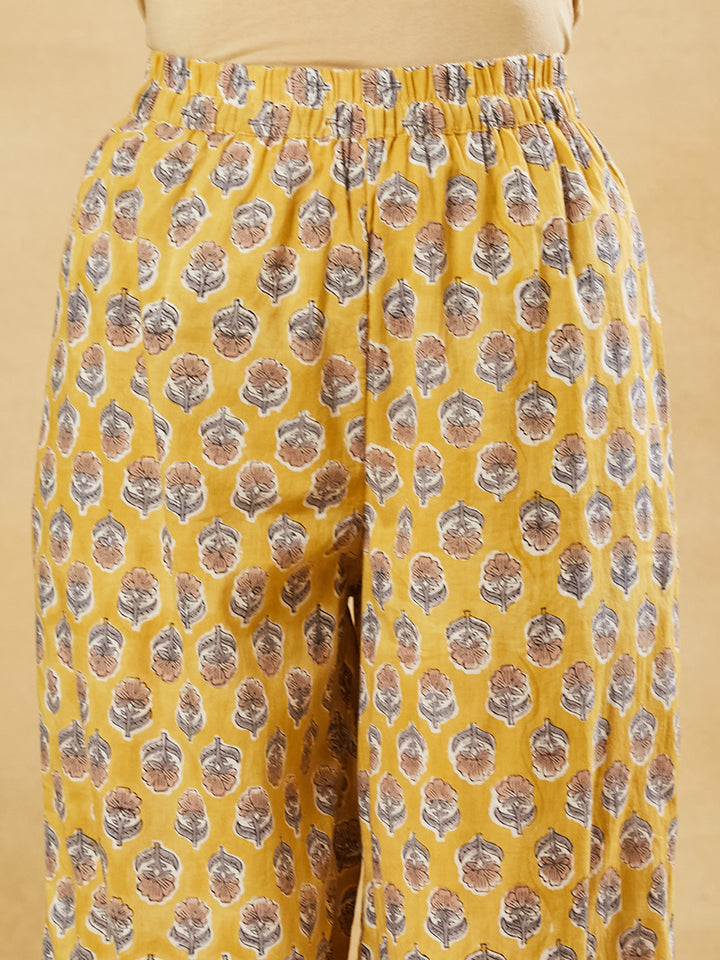 Divena Hand block Pure Cotton Mustard Yellow Anarkali Kurta with Pants & Dupatta