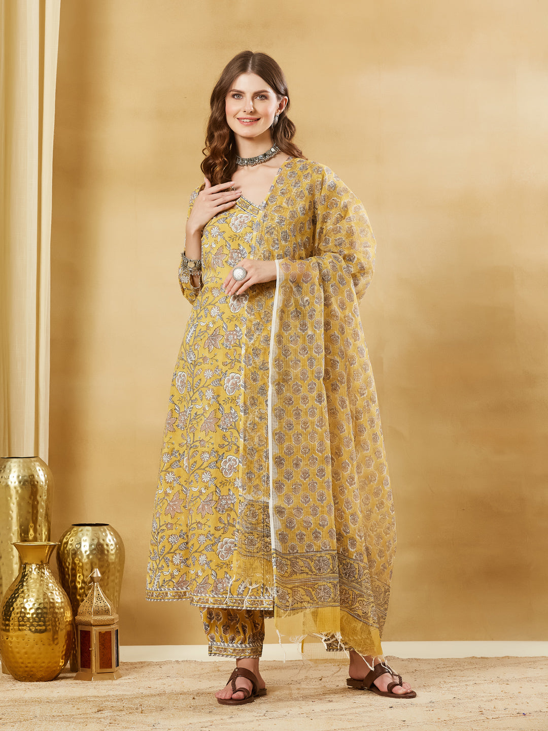 Divena Hand block Pure Cotton Mustard Yellow Anarkali Kurta with Pants & Dupatta