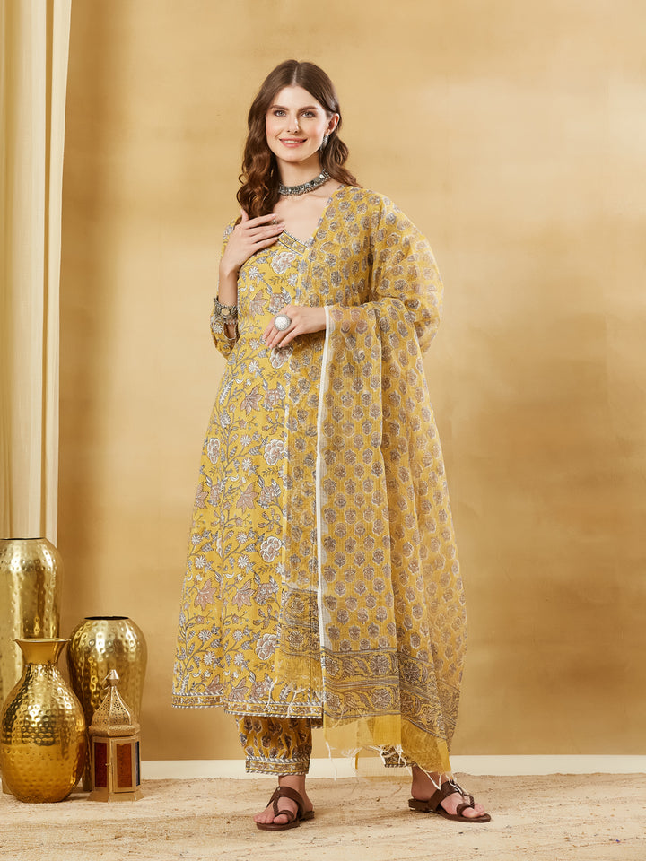 Divena Hand block Pure Cotton Mustard Yellow Anarkali Kurta with Pants & Dupatta