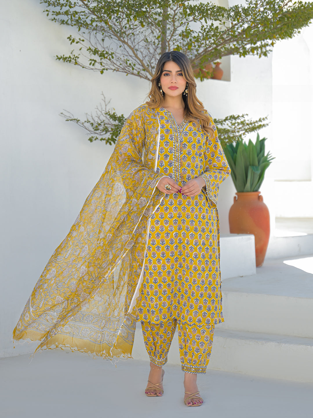 Divena Mustard Hand Block Cotton Straight Kurta Pant Set With Dupatta