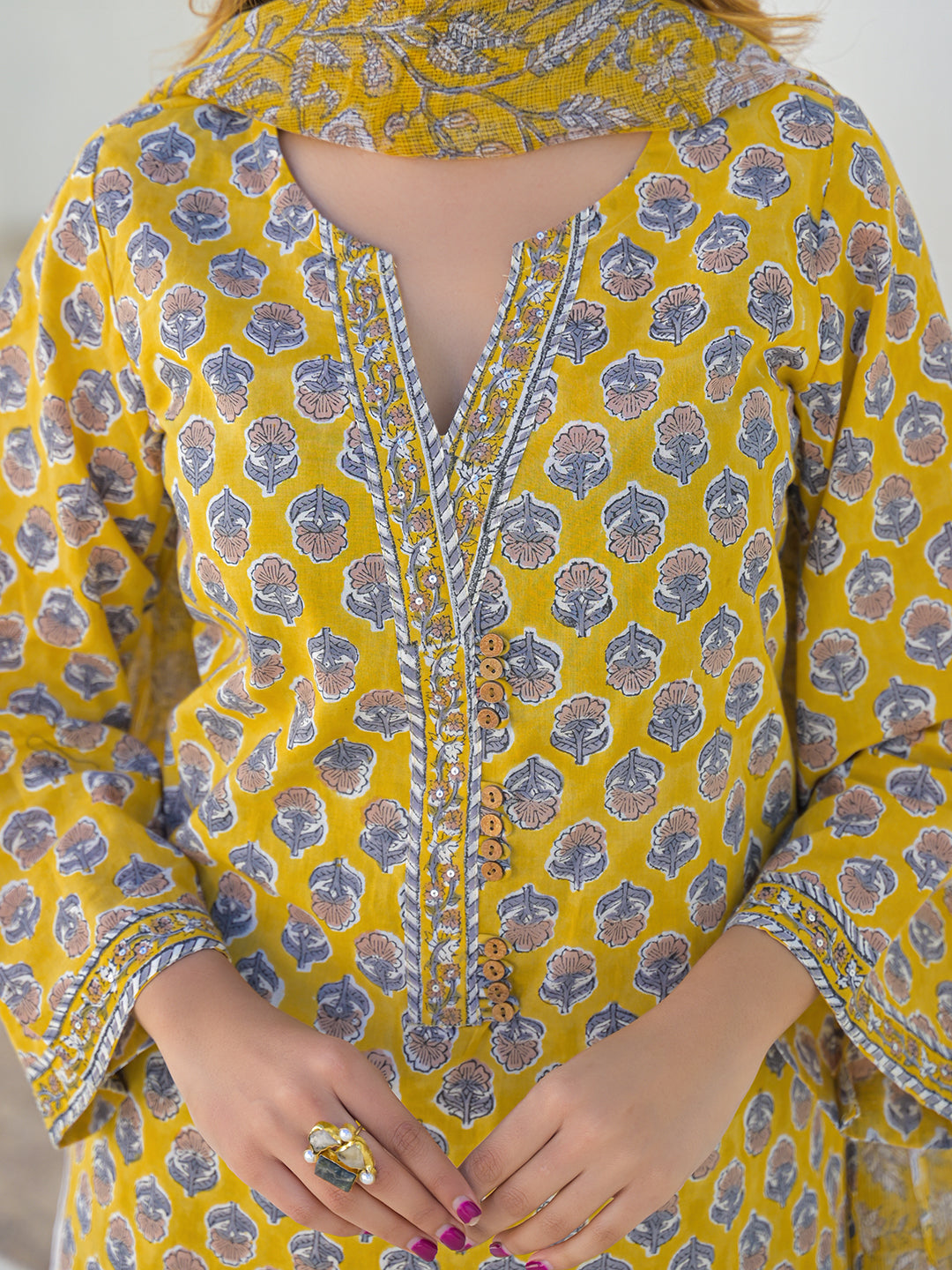 Divena Mustard Hand Block Cotton Straight Kurta Pant Set With Dupatta