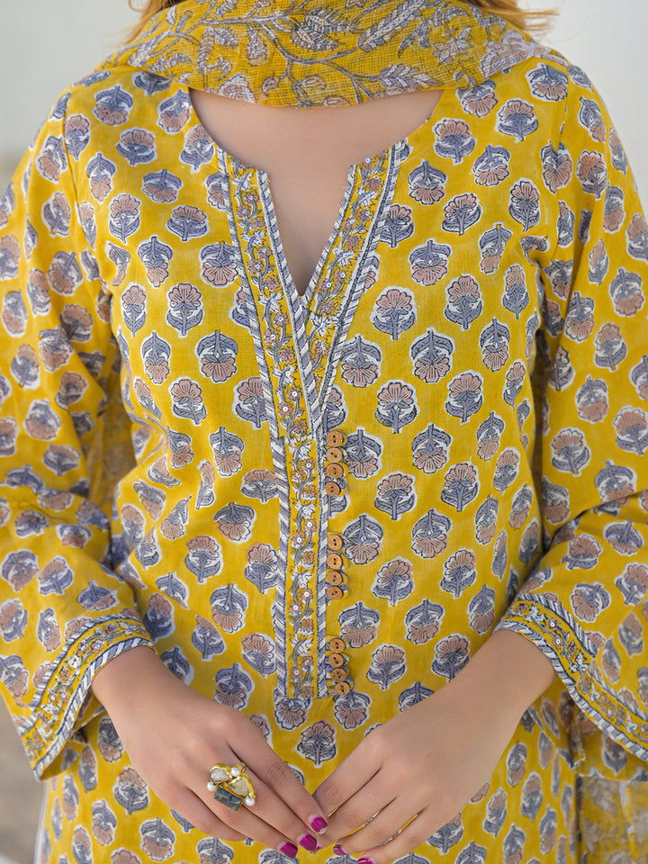 Divena Mustard Hand Block Cotton Straight Kurta Pant Set With Dupatta