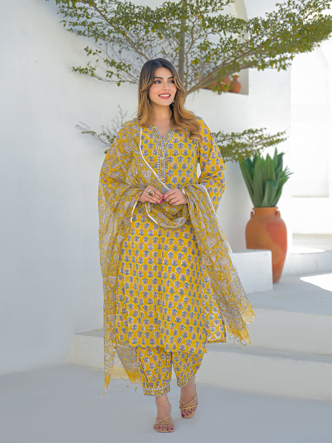 Divena Mustard Hand Block Cotton Straight Kurta Pant Set With Dupatta